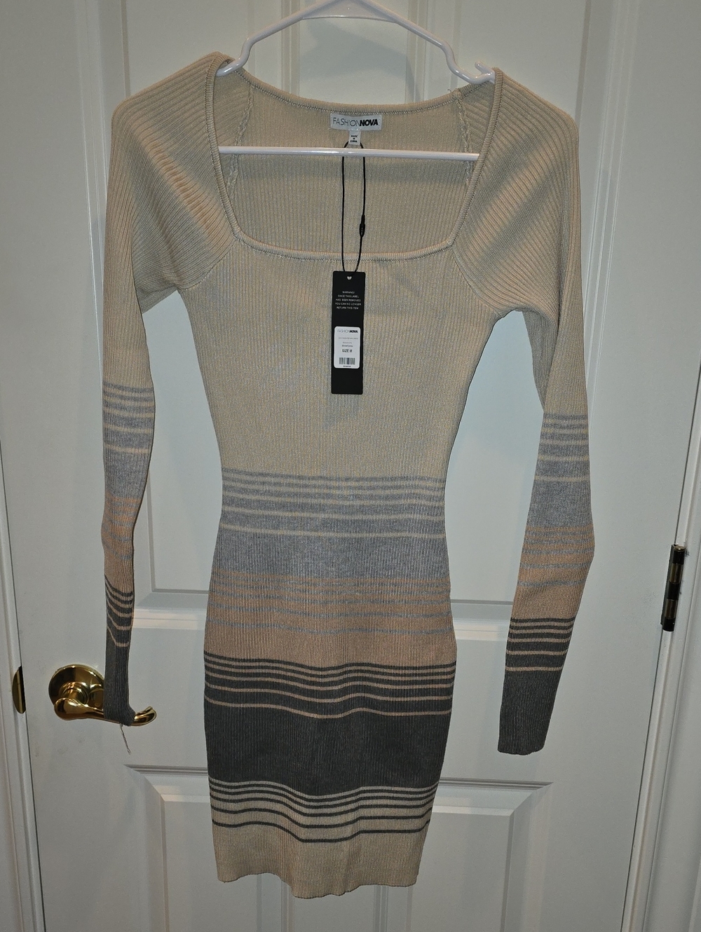 FASHION NOVA Ribbed Ombre Stripe Bodycon Dress - Beige/Gray